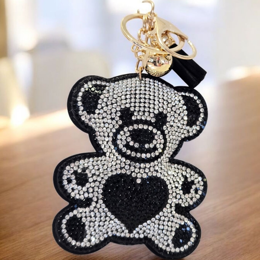 NEW Black and Silver Teddy Bear Bag Charm / Keychain 6 Inches New With Tags